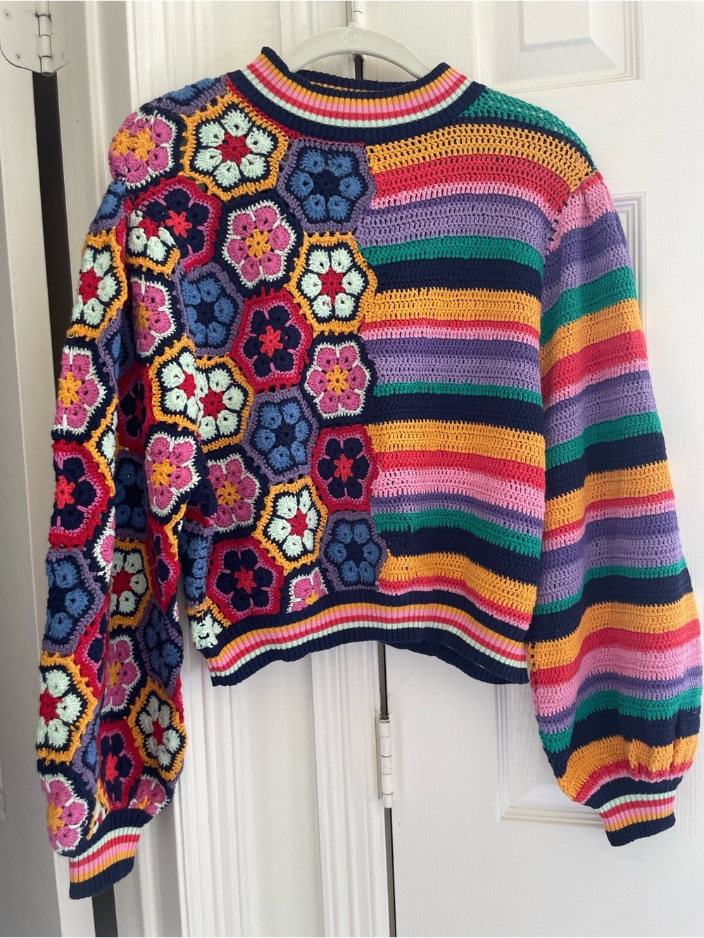 Farm Rio Handmade Colorful Crochet Stripe & Floral Sweater - Multicolor
